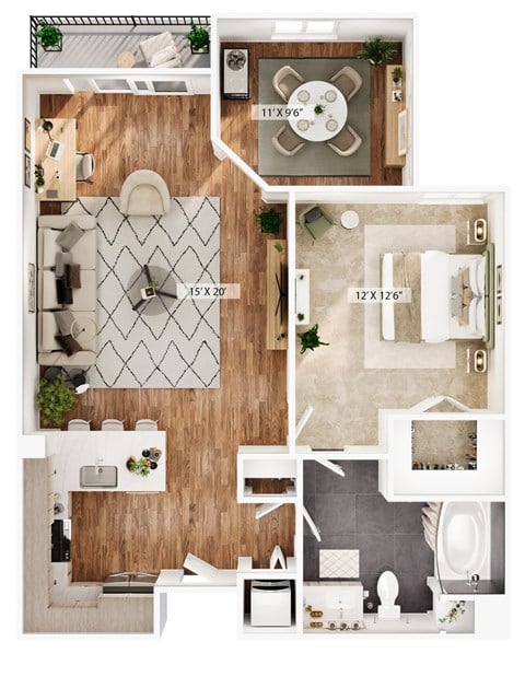 Floor plan for 1 bed, 1 bath, 922 sqft